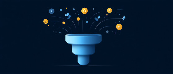 Sleek leadership funnel illustration with icons representing communication, strategy, and teamwork, set against dark background. design conveys sense of organization and efficiency