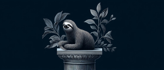 Serene sloth is perched on uniquely designed column, surrounded by detailed leaves against dark background, creating tranquil and artistic scene