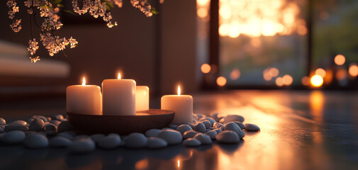 Serene setting with lit candles on wooden tray surrounded by smooth white stones, creating peaceful ambiance. Soft lighting and blurred background enhance tranquility