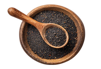 Wooden bowl filled with black seeds, wooden spoon