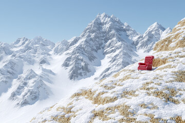 Red armchair sits atop snowy mountain of gold coins, symbolizing wealth and luxury amidst serene winter landscape