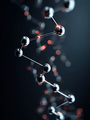 Close up view of metallic molecular structure with glowing red highlights, symbolizing scientific innovation and technological advancement. dark background enhances futuristic feel