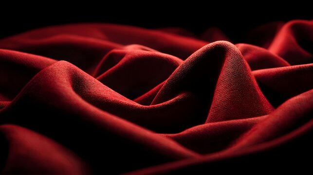 Rich crimson textile material displays undulating folds under dramatic low key lighting.