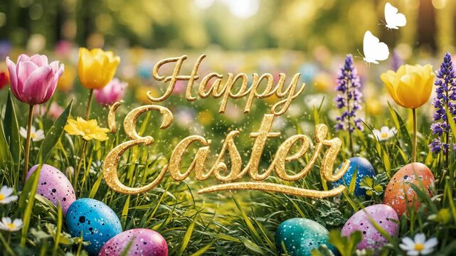 Animated Happy Easter greeting with sparkling golden text. Colorful eggs and spring flowers in a sunlit meadow. Festive holiday celebration background