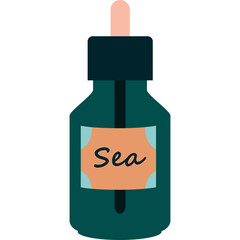 Dark Teal Glass Dropper Bottle Labeled Sea with Orange Accent on Transparent Background Flat Vector Art