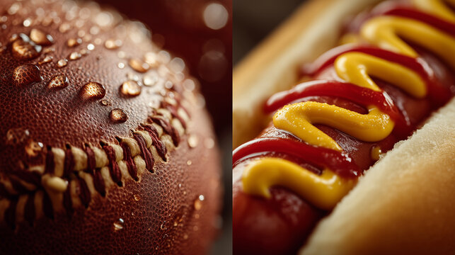 Close-up of a baseball with water droplets and a hot dog with mustard and ketchup, representing baseball and ballpark food, perfect for sports and food-related projects, ideal for advertising