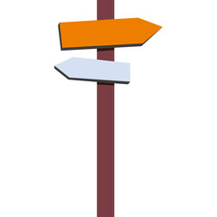 Directional Signpost With Two Blank Arrows Orange And Light Blue Against A White Background Isolated On A Transparent Background With A Maroon Pole