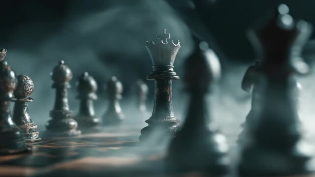 Moody chessboard scene with a central king in sharp focus among blurred pawns and fog under blue fog