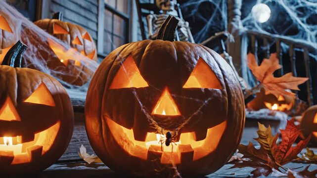 Spooky Halloween decorations with glowing jack-o'-lanterns on a porch at night. A scary skeleton sits amidst fog and spiderwebs as the camera zooms in. Autumn holiday horror concept