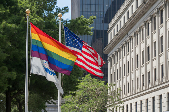 pride and usa flags outside government building in city - Powered by Adobe