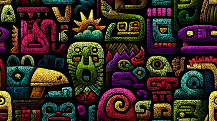 Neon tribal pattern abstract glyph art colorful mosaic textured symbols ancient style vibrant culture geometric shapes fantasy totem mystical design glowing background joyful energy modern twist