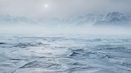 Fototapeta premium Breathtaking frozen ocean landscape on europa with ice sheets, cracks, and distant icy mountains