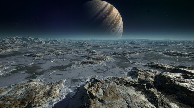 Expansive alien landscape on ganymede featuring rocky plains and jupiter dominating the sky