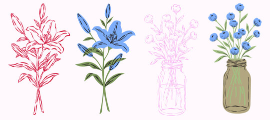 Hand drawn pink doodle, blue flowers vector. Floral sketches artistic simple designs,botanical-sketches illustrations © HOT CHILI