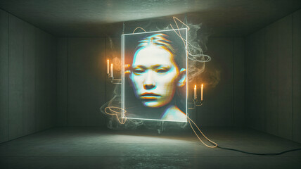 Haunted mirror reflecting glitching face, neon edges, dark minimalist composition
