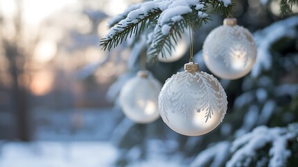 Close up of frosted white christmas ornaments hanging on a snow covered evergreen tree branch with soft bokeh background