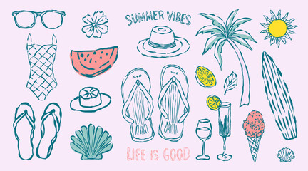 This vector illustration pattern of hand drawn vintage summer beach elements