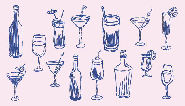 Vector set of hand drawn illustrations of glass bottles, wine, and cocktail drinks in a bar or restaurant collection of icons - Powered by Adobe
