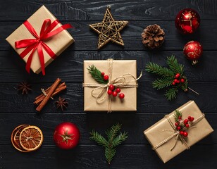 christmas decorations on wooden background