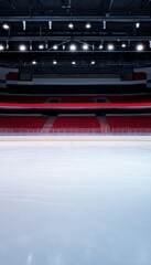 Empty hockey arena featuring a pristine ice rink under bright lights and minimalist design