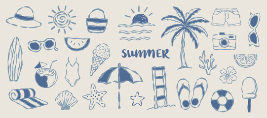 A colorful vector illustration featuring a set of beach icons and symbols representing summer vacation on the sand and sea with palm trees and the sun