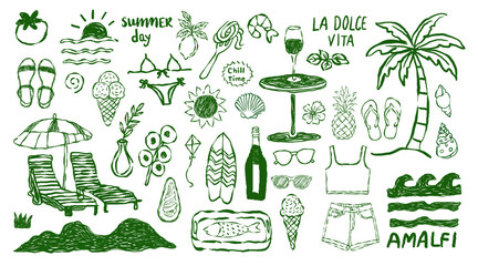 Hand drawn vector icons with summer beach design elements for holiday,vacation illustration. © HOT CHILI
