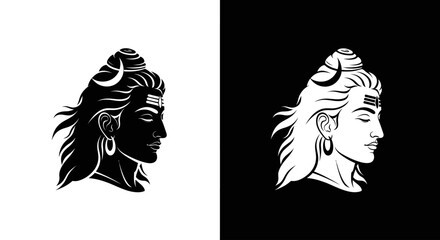Stylized black and white profile illustration of Lord Shiva with crescent moon and third eye mark.