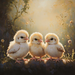 Baby Chicks in Soft Light, "Soft Light Surrounding Baby Chicks", "Chicks in Warm Glowing Light", "Fluffy Baby Chicks in the Forest", "Golden Glow on Baby Birds", "Cute Chicks in Nature", "Three Baby C