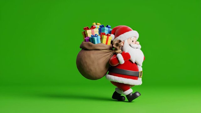 3D animation of Santa Claus walking with a sack of gifts. Cheerful cartoon character on a green screen background for chroma key. Christmas holiday celebration concept with copy space