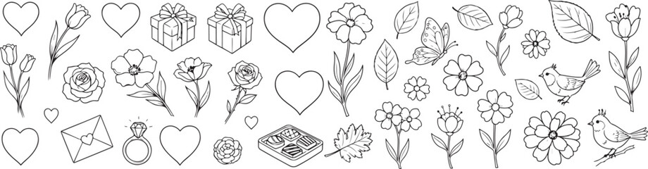 Obraz premium A collection of hand-drawn botanical elements featuring flowers leaves and other natural designs for creative projects vector