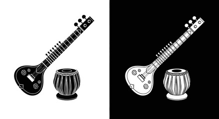 Black and white illustration of a sitar and tabla drum set, presented in two contrasting color schemes.