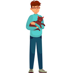 Pixel Art Style Illustration Of A Person Holding A Brown Cat In A Light Blue Long Sleeve Shirt And Blue Jeans Against A White Background