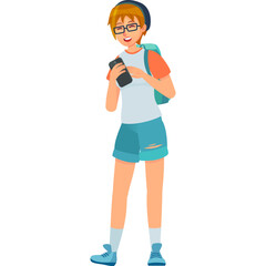 Pixel Art Teenage Boy Wearing Glasses And Backpack Holding Smartphone Smiling Outdoor Summer Casual Attire With Ripped Denim Shorts And Sneakers On White Background