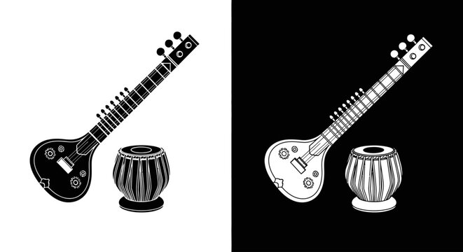 Black and white illustration of a sitar and tabla drum set, presented in two contrasting color schemes.