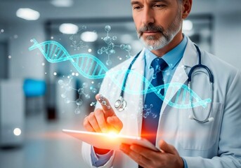 Futuristic Medical Innovation Concept — Male Doctor Using Tablet with Holographic DNA Helix and Molecular Interface in Modern Laboratory Setting