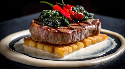 Grilled steak with potato croquettes and spinach.