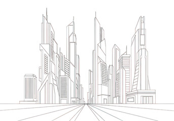 Fototapeta premium Modern city skyline with tall skyscrapers and urban architecture isolated on transparent background