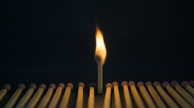 Dramatic close up of a single burning match igniting against a dark background with used matches