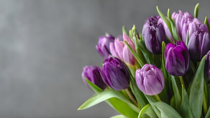 Obraz premium Bouquet of purple and lavender tulips displays against a muted background with ample copy space
