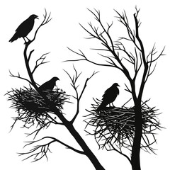 Vector art of ravens in nest silhouette