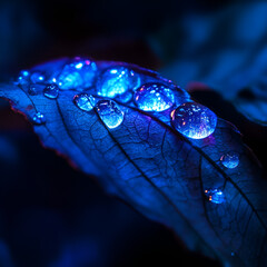 Blue Glowing Droplets on Leaf, "Blue Glowing Water Droplets on Leaf", "Glowing Drops on a Green Leaf",  "Droplets Reflecting Blue Lights", "Blue Water Beads on Leaf", "Nature's Glowing Water Droplets"