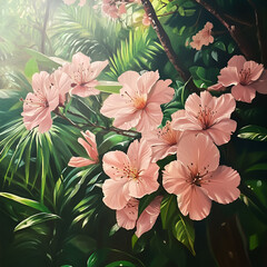Blooming Pink Flowers in Lush Greenery, "Blooming Pink Flowers in Green Garden", "Pink Blossoms Surrounded by Greenery", "Lush Pink Flowers in Nature", "Flowering Tree with Pink Blossoms", "Blooming P