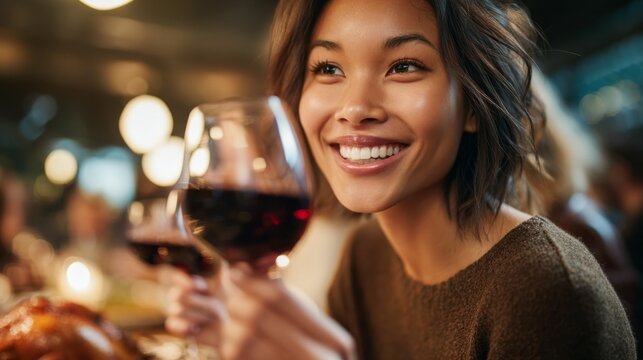 A diverse group of friends gathers around a table, enjoying a lively dinner. Glasses are raised in celebration, full of rich red wine, as laughter fills the cozy atmosphere