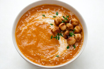 Hearty creamy tomato soup with crispy chickpea garnish
