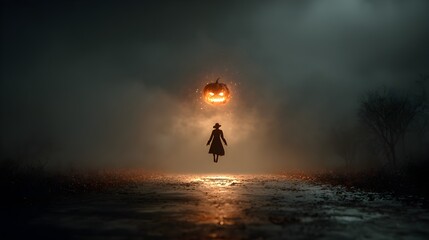 Mysterious Halloween Night Scene with Glowing Pumpkin and Floating Figure