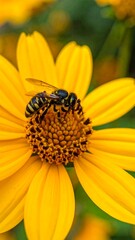 A bee gathers nectar from a bright yellow flower