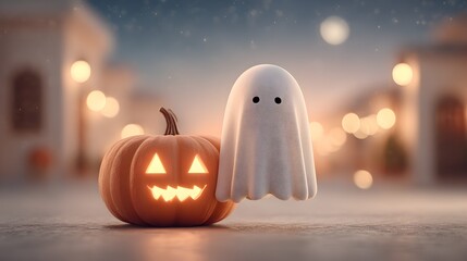 Gentle and Soft Halloween Night with Pumpkin and Ghost Illustration