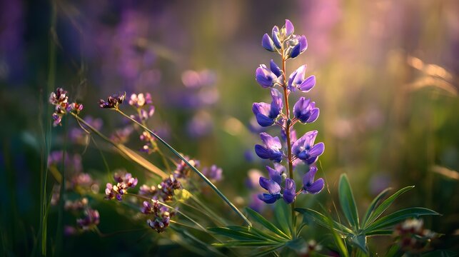 Tall stalk of purple wildflower blooms illuminated by soft, bright sunlight in a meadow