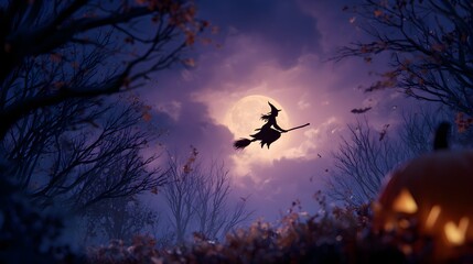 Mysterious Silhouette Witch Flying on Broomstick with Full Moon Landscape