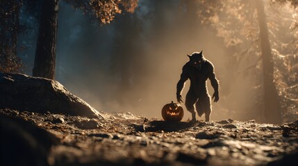 Eerie Halloween Night Scene with Werewolf and Jack o' Lantern in Forest